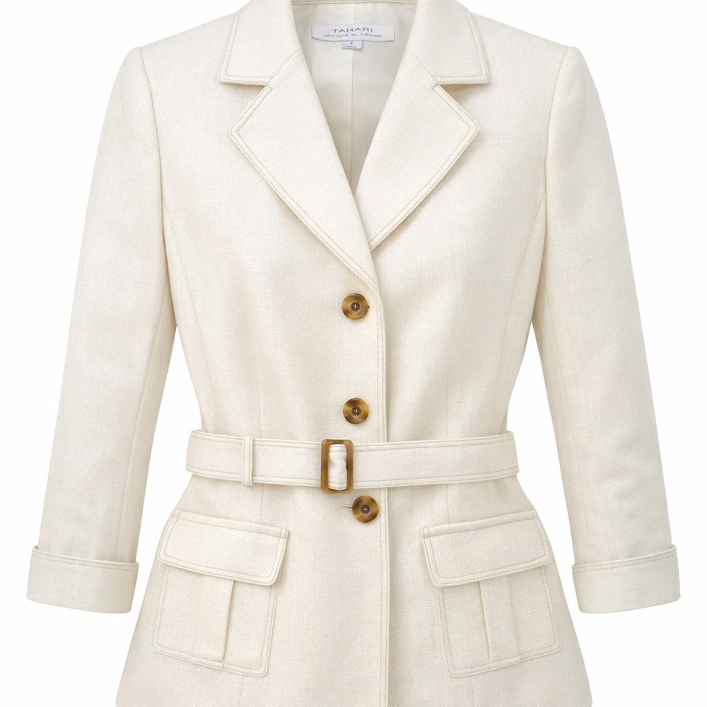 Tahari ASL Cream Belted Midi Dress With Wheat Color Skirt